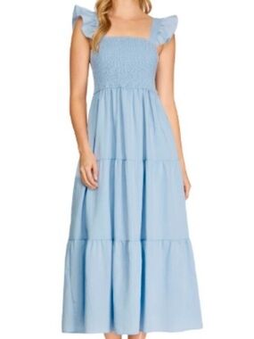 She + Sky Blue Smocked  Maxi Dress